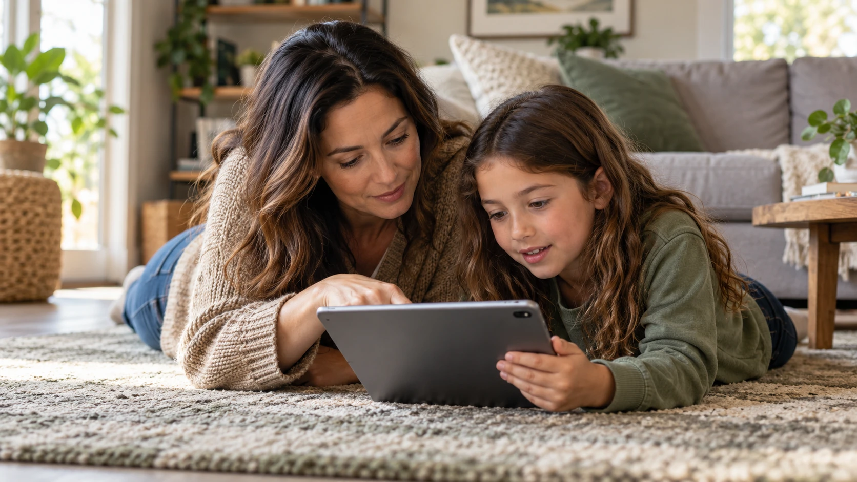 Parent guiding a child as they use a tablet together at home.