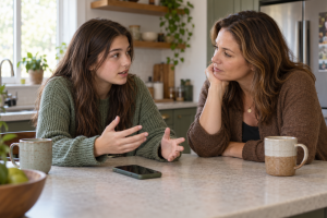 Mother listening as her teenage daughter discusses a phone at the kitchen counter.