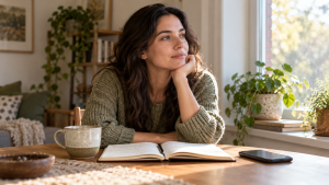 Woman reflecting beside a window with a journal and tea, her phone set aside.