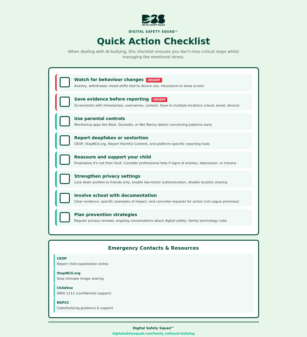 infographic - ai bullying quick action checklist - digitalsafetysquad.com