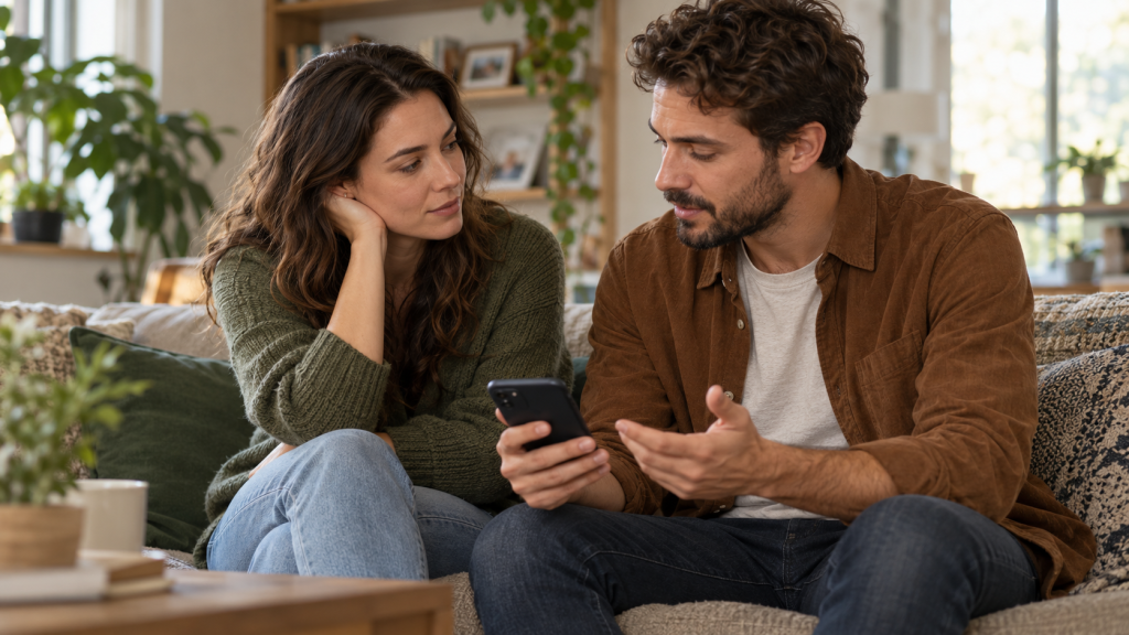 Couple having an open conversation about a smartphone together on a sofa.