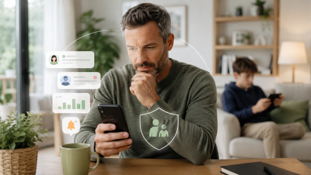 a parent checking his phone for social media monitoring tools