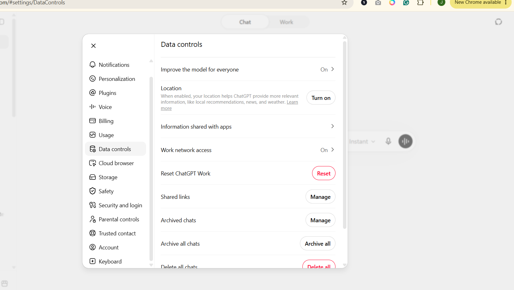 ChatGPT Data Controls showing Improve the model for everyone setting