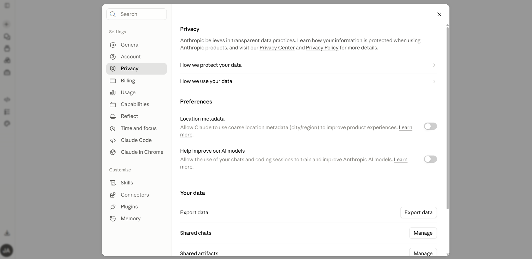 Claude model improvement privacy setting