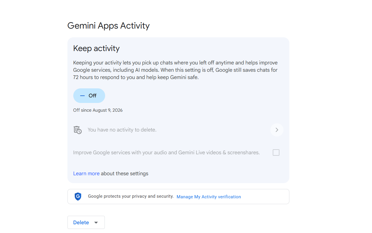 Google Gemini Keep Activity privacy setting
