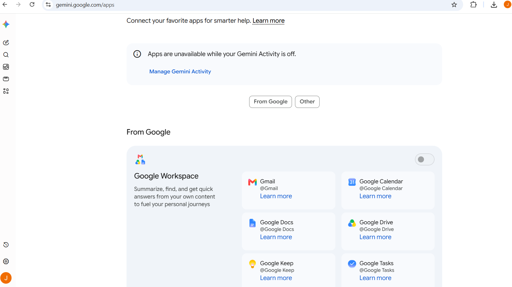 Google Gemini Connected Apps settings