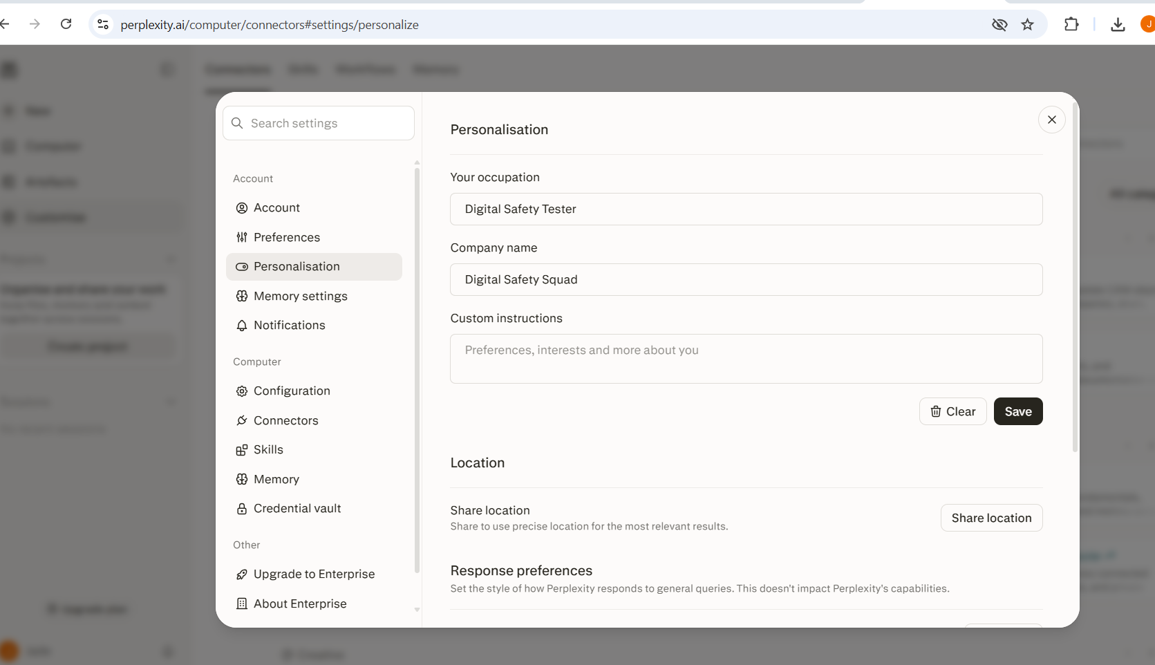 Perplexity Personalisation settings