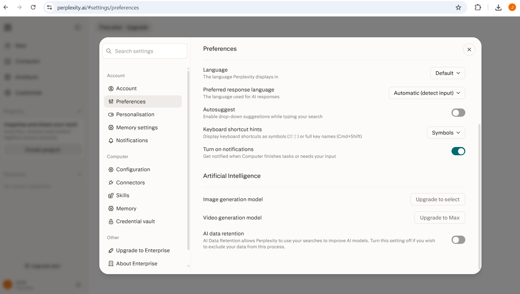 Perplexity AI Data Retention setting