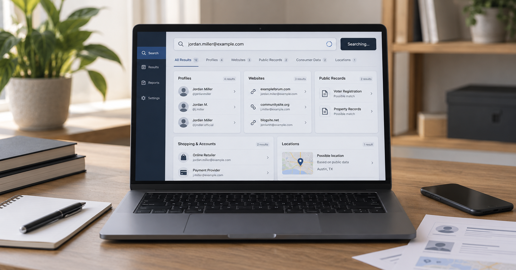 Email address search showing connected public profiles, websites and records