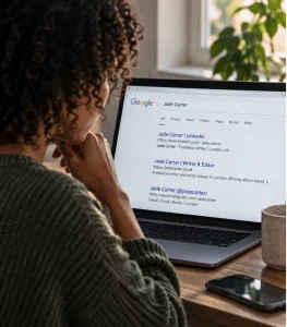 Woman reviewing online search results on a laptop during a digital footprint self-check