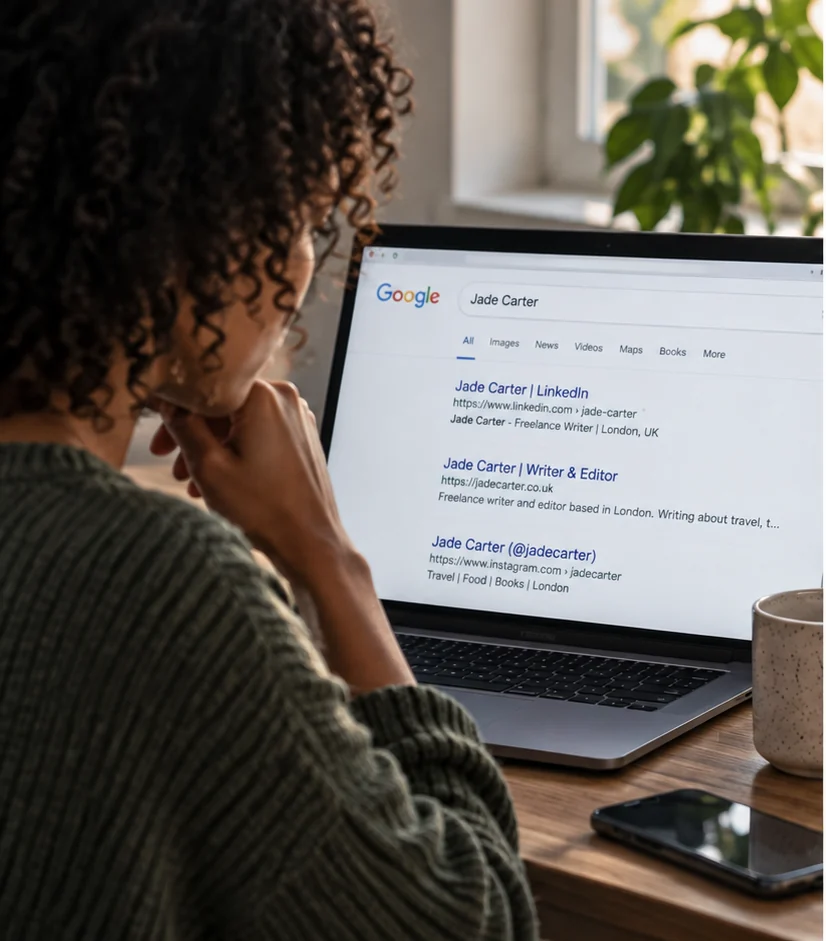 Woman reviewing online search results on a laptop during a digital footprint self-check