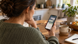 Woman reading an AI companion conversation on her phone at a kitchen table.