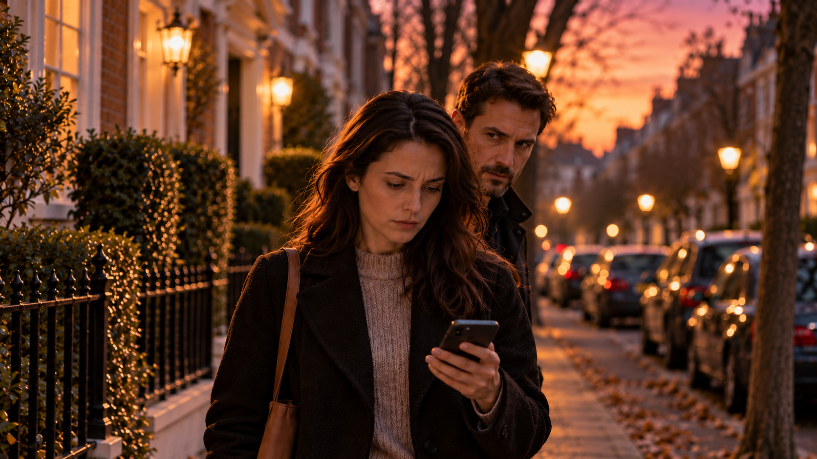 Woman looking at her phone while a man covertly watches her from behind.
