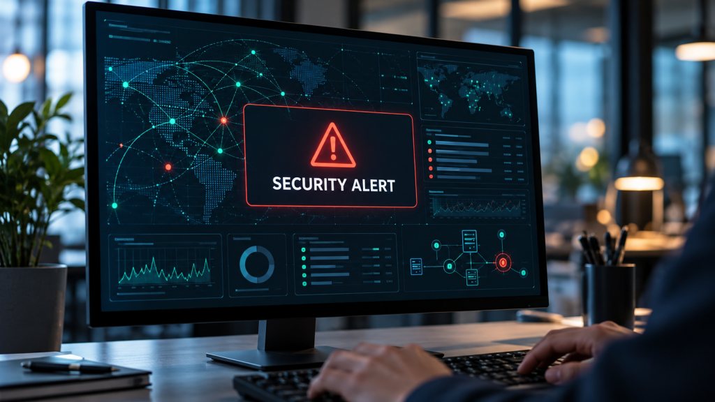 Computer monitor displaying a security alert and a network dashboard