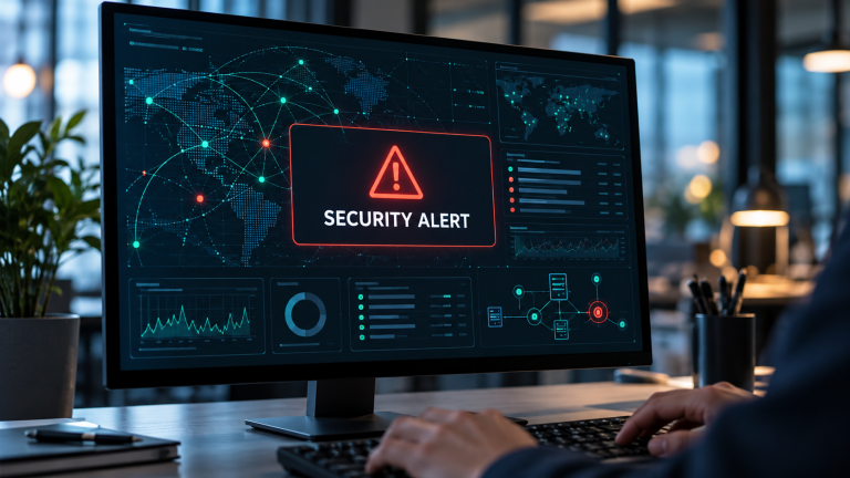 Computer monitor displaying a security alert and a network dashboard