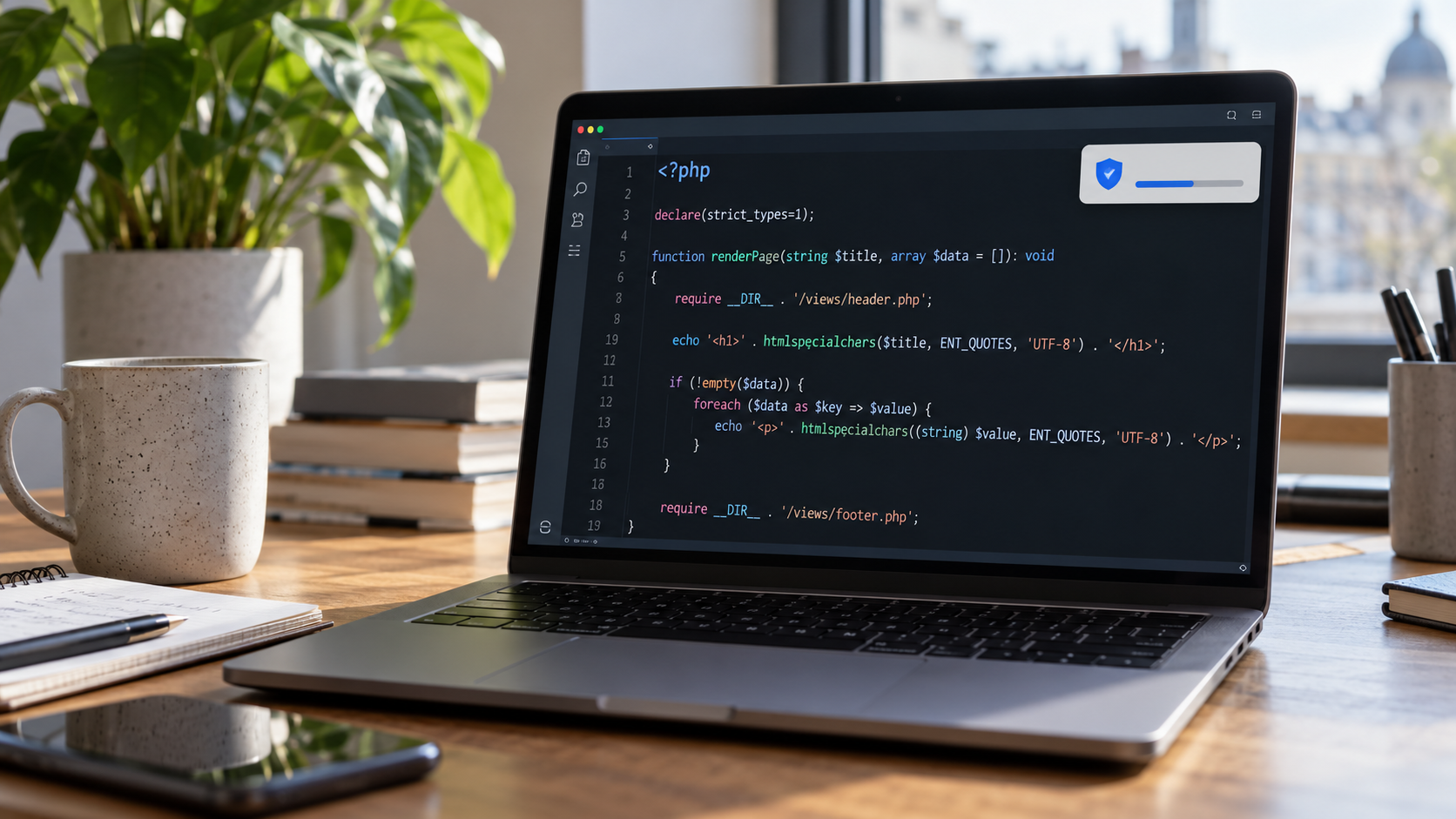Laptop displaying PHP code and a security update