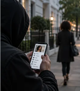 Person holding a phone displaying a woman’s photograph, illustrating online discoverability