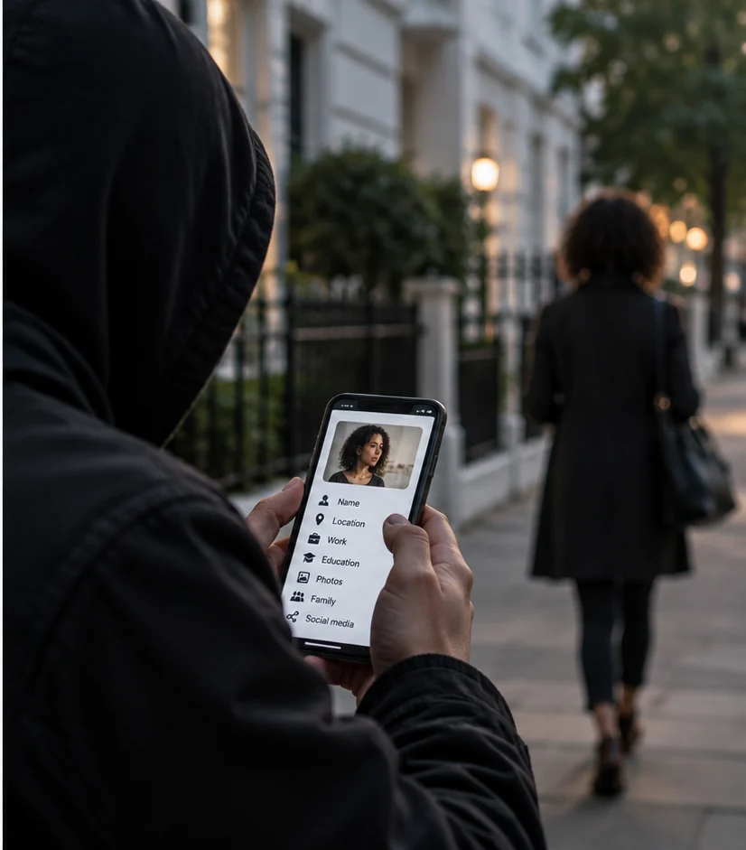 Person holding a phone displaying a woman’s photograph, illustrating online discoverability